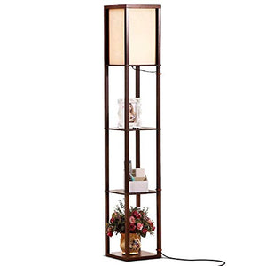 Brightech Maxwell - LED Shelf Floor Lamp - Modern Standing Light for Living Rooms and Bedrooms - Asian Wooden Frame with Open BoxDisplay Shelves - Havana Brown