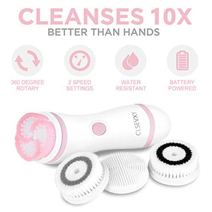 Waterproof Facial Cleansing Spin Brush Set with 4 Exfoliation Brush Heads - Complete Face Spa System by CLSEVXY - Advanced Microdermabrasion for Deep Scrubbing and Gentle Exfoliating