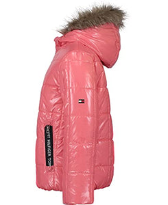 Tommy Hilfiger Girls' Puffer Jacket, Waterproof with Polar Fleece Lining & Faux Fur Hood, FA21High Shine Strawberry Pink, 4