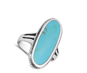 Large Long Simulated Turquoise Solitaire Ring New .925 Sterling Silver Band Size 12