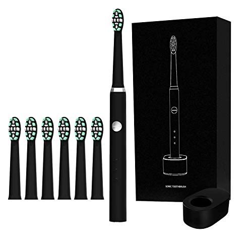 Sonic Electric Toothbrush for Adults, 6 Dupont Brush Heads, 3 Modes, 2-Minute Built-in Timer, Recommended by Dentist, Waterproof, USB inductive Charging, Delicate and Small, Black