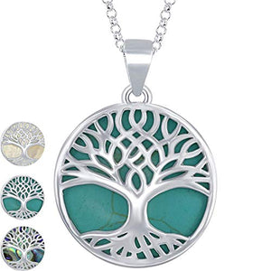 Beaux Bijoux Sterling Silver Natural Turquoise Stone Tree of Life Circle Pendant Necklace for Women with 18" Sterling Silver Thick Chain
