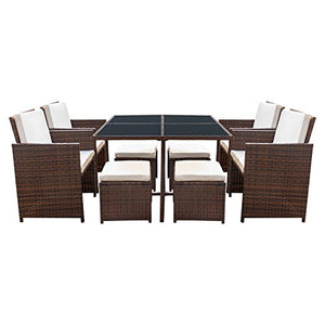 Devoko 9 Pieces Patio Dining Sets Outdoor Space Saving Rattan Chairs with Glass Table Patio Furniture Sets Cushioned Seating and Back Sectional Conversation Set (Beige)