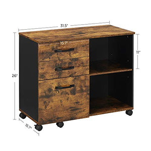 VASAGLE Industrial 3-Drawer File Cabinet, Mobile Lateral Filing Cabinet with Open Compartments, for A4, Letter Sized Documents, Printer Stand, Rustic Brown and Black UOFC041B01