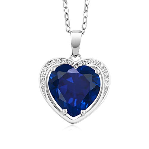 Gem Stone King 925 Sterling Silver Simulated Sapphire Pendant Necklace, 4.20 Cttw Heart Shape with 18 Inch Silver Chain (10MM Center)