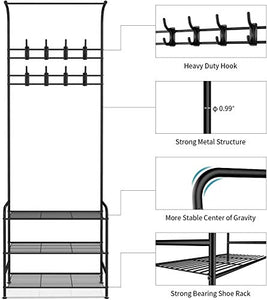 alvorog Entryway Coat Rack Shoe Bench, 3-in-1 Hall Tree, 3-Tier Storage Shelves with 16 Hooks Multifunctional Hallway Organizer, Easy Assembly (Black)