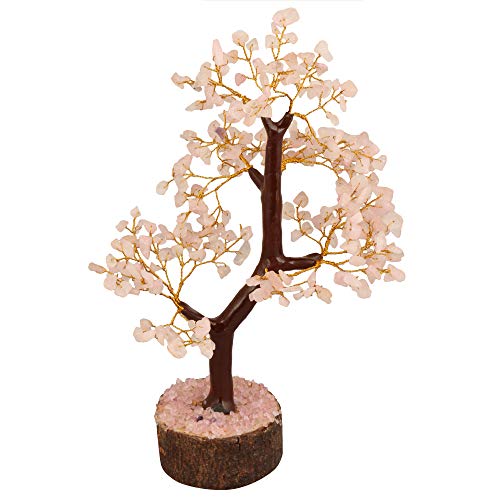 YATHABI Rose Quartz Golden Wire Handmade Gemstone Tree Feng Shui Bonsai for Attracting Positive Energies Crystal Healing Chakra Cleansing & Home Decor Size :- 10-12 Inch Approx