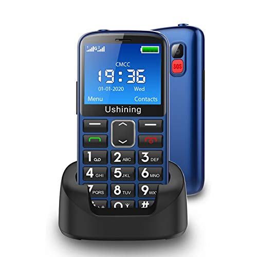 Ushining Seniors Cell Phones Unlocked SOS Button Hearing Aid Compatible 3G Tmobile Senior Basic Cell Phones Large Volume 2.4 Inch HD Screen Feature Phones with Charging Dock (Blue)