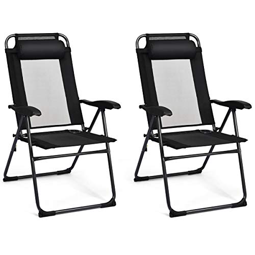 Giantex Set of 2 Patio Dining Chairs, Folding Lounge Chairs with 7 Level Adjustable Backrest, 300 Lbs Capacity, Outdoor Portable Chairs with Metal Frame