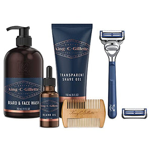 King C. Gillette Grooming Kit, 1 Razor with 2 Blade Refills,1 Oz Beard Oil, 11 Oz Beard Wash, 5 Oz Shave Gel, 1 Comb, Gifts for Men
