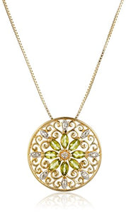 18k Yellow Gold Plated Sterling Silver Genuine Peridot and Diamond Accent Filigree Mandala Pendant Necklace, 18"