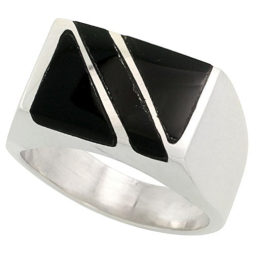 Sterling Silver Black Obsidian Ring for Men Rectangular Diagonal Stripe Solid Back Handmade, Size 10