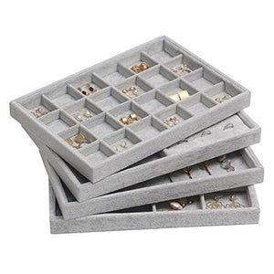 DIOMMELL 4 Pack Stackable Velvet Jewelry Trays Organizer, Jewelry Storage Box Display Trays Showcase Holder Closet Dresser Drawer Organizer for Earring Necklace Bracelet Ring Accessary, Grey