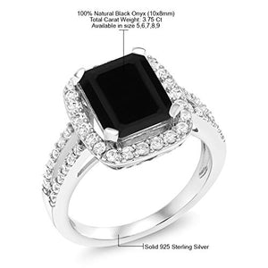 Gem Stone King 925 Sterling Silver Black Onyx Women's Engagement Ring (3.75 Cttw Emerald Cut, Gemstone Birthstone) (Size 6)