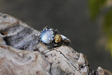 Load image into Gallery viewer, Rainbow Moonstone Ring"Cleo" READY TO SHIP, Sterling Silver and Solid Gold moonstone engagement ring, flower ring, twig ring, nature ring
