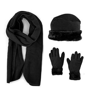 3 Pieces Set Matching Hat, Gloves and Scarf for Woman. Solid Colors - Black