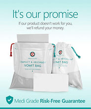 Load image into Gallery viewer, Medi Grade Absorbent Sick Bags for Car Travel, Boat or Plane - Pack of 22 Leakproof Travel Sickness Vomit Bags with Zero Odour – Sealable Travel Sick Bags, Turns Vomit to Gel, Holds Up to 1 Litre
