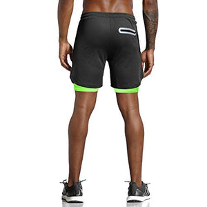 Leidowei Men's 2 in 1 Workout Running Shorts Lightweight Training Yoga Gym 7" Short with Zipper Pockets Black Fluorescent 2XL