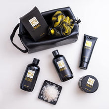Load image into Gallery viewer, YARD HOUSE Bath and Body Spa Gifts Baskets Set for Men - Sandalwood &amp; Amber – 7Pcs Men’s Spa Kit with Body wash, Bubble bath, Bath Salt, Body Lotion, Body Scrub, Loofah and Leather Toiletry Bag
