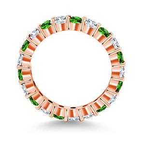 Gem Stone King 2.70 Ct Round Green Simulated Tsavorite and White Created Sapphire 18K Rose Gold Plated Silver Eternity Band Ring (Size 7)