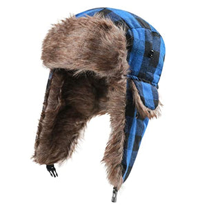 Trapper Hat Winter Hats for Men Russian Warm Fur Hat with Ear Flaps,Windproof Trooper Ski Hats Hunting Hat Blue