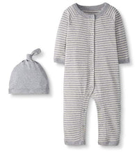 Load image into Gallery viewer, Moon and Back by Hanna Andersson Baby Snap Front One-Piece Organic Cotton Long Sleeve Romper with Cap Set, Heather Gray, 3-6 months
