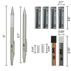 Mr. Pen- Metal Mechanical Pencil Set with Lead and Eraser Refills, 5 Sizes, 0.3, 0.5, 0.7, 0.9, 2mm, Drafting, Sketching, Architecture, Drawing Mechanical Pencils, Metal Mechanical Pencils