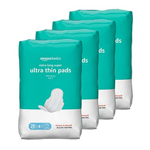 Load image into Gallery viewer, Amazon Basics Ultra Thin Pads with Flexi-Wings for Periods, Extra Long Length, Super Absorbency, Unscented, Size 3, 112 Count, 4 Packs of 28 (Previously Solimo)
