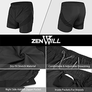 ZENWILL Mens 5" Lightweight V-Mesh Gym Workout Running Shorts with Zip Pockets (Small, Black)