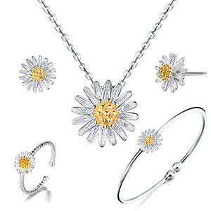 ISAACSONG.DESIGN 925 Sterling Silver Daisy/Sakura/Snowflake Flower Crystal Pendant Necklace Earring Bracelets Ring Set for Women (Fresh Love As Daisy Set)