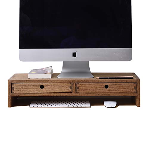 Kirigen Wood Monitor Stand with 2 Drawers - Computer Arm Riser Desk Storage Organizer,Speaker TV Laptop Printer Stand with Pen Slot and Cable Management,Dark Brown Desktop Shelf for Office DBR-2PMJ