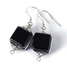 Load image into Gallery viewer, Natural Stone Wire Wrap Dangle Drop Earrings Platinum Plated 925 Sterling Silver Hook/Black Onyx Cube 10mm
