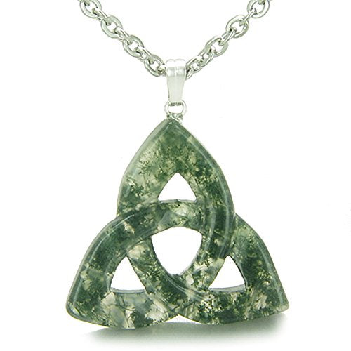 Celtic Triquetra Knot Magic Amulet Green Moss Agate Good Luck Powers Pendant 18 Inch Necklace