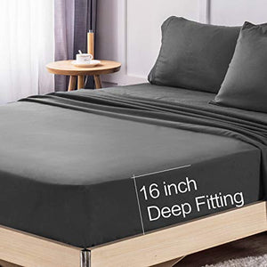LIANLAM Queen Bed Sheets Set - Super Soft Brushed Microfiber 1800 Thread Count - Breathable Luxury Egyptian Sheets 16-Inch Deep Pocket - Wrinkle and Hypoallergenic-4 Piece(Queen, Dark Grey)