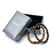Load image into Gallery viewer, Long Way 2 pcs Black Matte Agate &amp; Tiger Eye Gem Beads 8mm Double Matching Distance Bracelets 7.5" Z &amp; 7.9"
