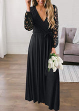 Load image into Gallery viewer, Women Fall Casual Faux Wrap V Neck Vintage Floral Lace Long Sleeve Maxi Dress Black S
