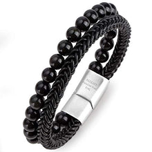 Load image into Gallery viewer, HASKARE Mens Bead Leather Bracelet, Tiger Eye Black Obsidian Braided Genuine Leather Beads Bracelet with 316L Stainless Steel Magnetic Closure for Men
