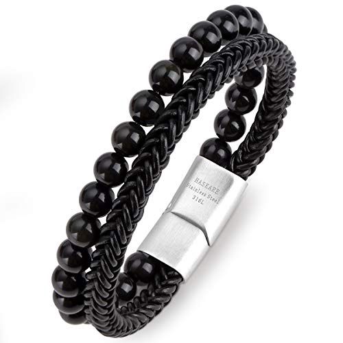 HASKARE Mens Bead Leather Bracelet, Tiger Eye Black Obsidian Braided Genuine Leather Beads Bracelet with 316L Stainless Steel Magnetic Closure for Men