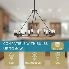 Load image into Gallery viewer, Kira Home Jericho 48" 16-Light Large Rustic Farmhouse Wagon Wheel Chandelier, Round Kitchen Island Light, Textured Black Accents + Warm Oak Wood Style Finish
