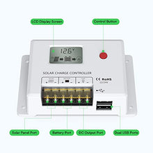Load image into Gallery viewer, Solar Charge Controller 10A, Bateria Power 12V/24V PWM Solar Controller with LCD Display Dual USB Multiple Load Control Modes for AGM, Gel, Flooded and Lithium Battery, Used in RVs, Boats, Yachts
