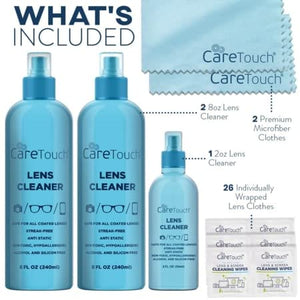 Care Touch Eyeglass Cleaner Spray Kit, Alcohol-Free Glasses Cleaner Solution for All Lenses, 16oz (8oz x 2) & 2oz Bottles - Eye Glasses Lens Cleaner Kit with 26 Lens Wipes & 2 Microfiber Cloths