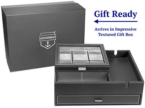 Load image into Gallery viewer, HOUNDSBAY Commander Dresser Valet Watch Box Case & Mens Jewelry Box Organizer with Smartphone Charging Station (Black/Gray)