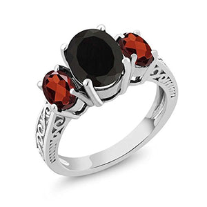 Gem Stone King 925 Sterling Silver Black Onyx & Red Garnet 3-Stone Women's Ring 2.73 Cttw (Size 6)