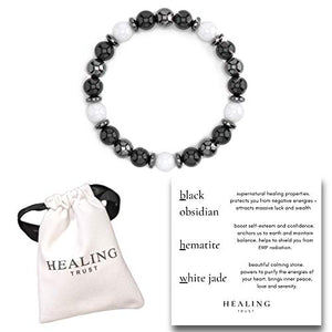 HEALING TRUST Feng Shui Black Obsidian Wealth Bracelet with White Jade Hematite Crystals and Healing Stones. EMF Protection bracelet, 100% Massive Wealth and Abundance Money Attraction, Negative Energy Protection, Healing Crystals, Earthing, Strength and