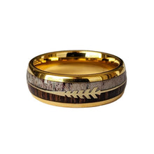 Load image into Gallery viewer, 14K Gold Ring Mens Antler Wedding Band with Koa Wood and Arrow Inlay 8mm Tungsten Deer Antler Rings for Men Rustic Wooden Boho Anniversary Gifts
