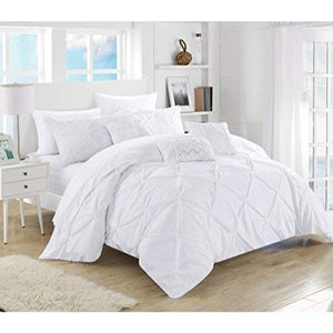 Chic Home 10 Piece Hannah Pinch Pleated, ruffled and pleated complete Queen Bed In a Bag Comforter Set White With sheet set