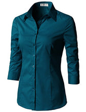 Load image into Gallery viewer, Doublju Womens Slim Fit Basic 3/4 Sleeve Simple Button Down Formal Casual Shirt Teal Small
