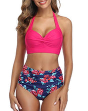 Load image into Gallery viewer, Tempt Me Women's Vintage Swimsuits Rose Red Retro Halter Ruched High Waist Bikini with Bottom M
