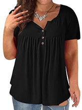 Load image into Gallery viewer, JIOTANG Women's Plus Size Tops Henley Shirts for Women V Neck Buttons Up Pleated Tunic Tops(Black,14Plus)
