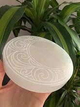 Load image into Gallery viewer, 3&quot; Selenite Charging Plate Etched with Crescent Moon Design, Highest Quality Selenite
